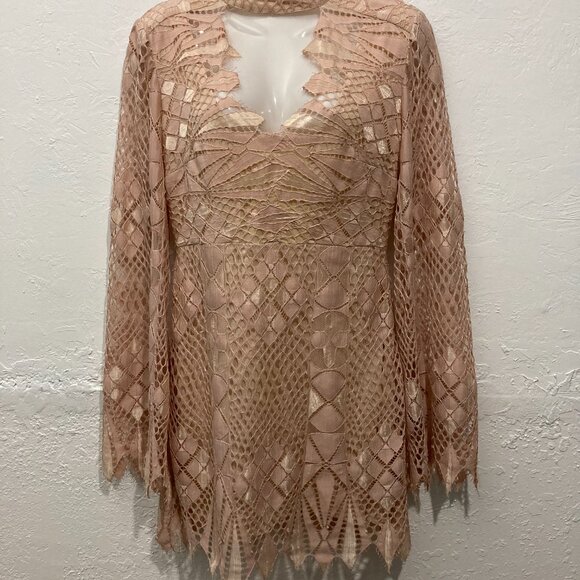 Free People Deco Lace Mini Dress Fairycore Bell Sleeve Ivory Combo Lined Size 4 - Picture 4 of 12
